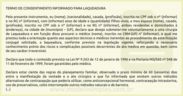 Modelo de Termo de Consentimento para Laqueadura