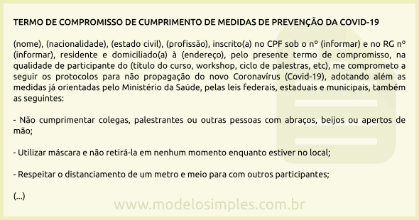 Modelo de Termo de Cumprimento de Medidas de Prevenção da Covid-19