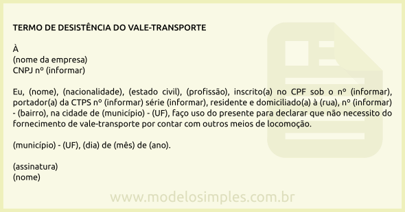 Modelo de Termo de Desistência do Vale-Transporte