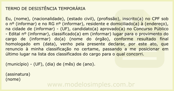 Modelo de Termo de Desistência Temporária de Vaga em Concurso Público