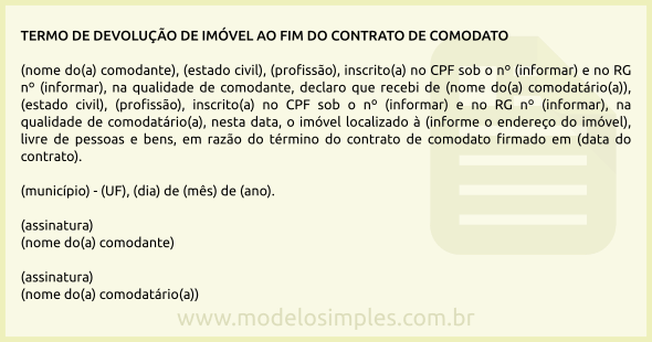 Modelo de Termo de Devolução do Imóvel ao Fim do Contrato de Comodato