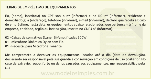 Modelo de Termo de Empréstimo de Equipamentos