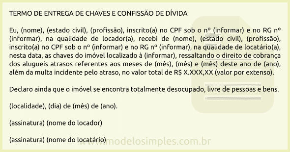 Modelo de Termo de Entrega de Chaves e Confissão de Dívida