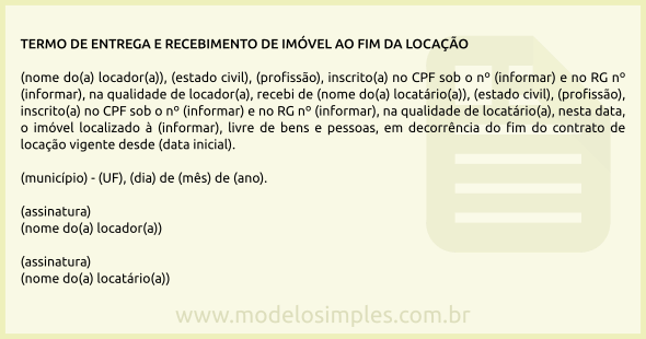 Modelo de Termo de Entrega e Recebimento de Imóvel ao Fim da Locação