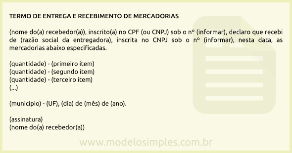 Modelo de Termo de Entrega e Recebimento de Mercadorias