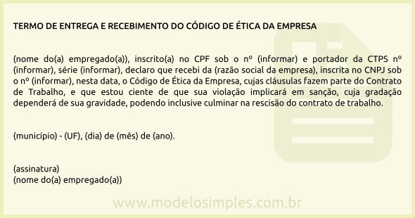 Modelo de Termo de Entrega e Recebimento do Código de Ética da Empresa