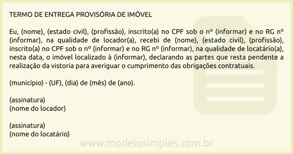 Modelo de Termo de Entrega Provisória de Imóvel