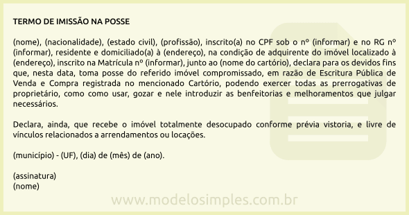 Modelo de Termo de Imissão na Posse