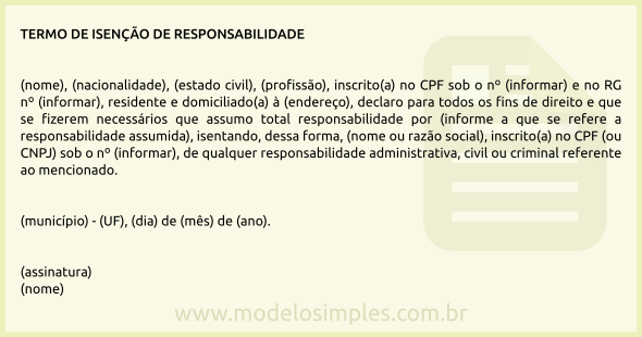 Modelo de Termo de Isenção de Responsabilidade