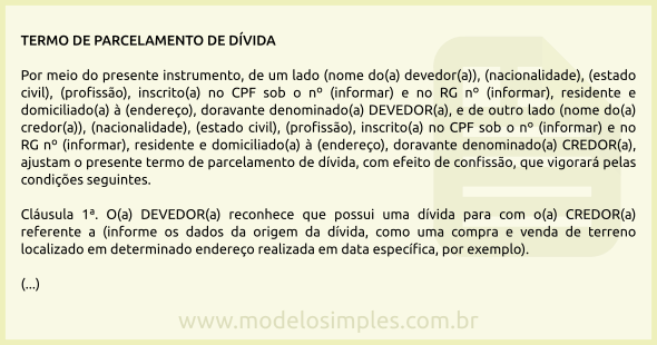 Modelo de Termo de Parcelamento de Dívida