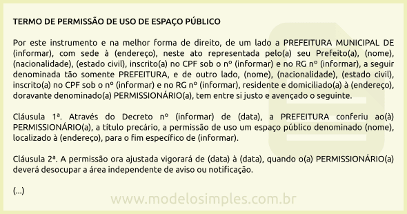 Modelo de Termo de Permissão de Uso de Espaço Público