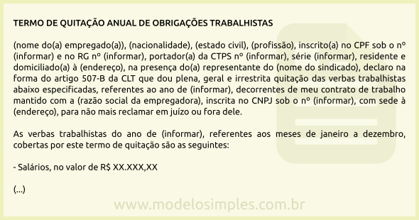 Modelo de Termo de Quitação Anual de Obrigações Trabalhistas