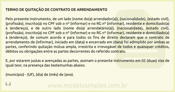 Modelo de Termo de Quitação de Contrato de Arrendamento