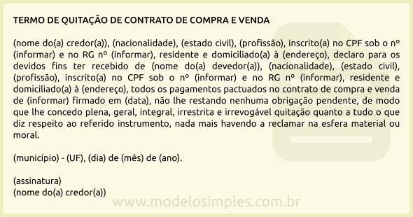 Modelo de Termo de Quitação de Contrato de Compra e Venda