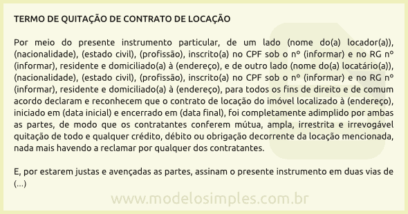 Modelo de Termo de Quitação de Contrato de Locação