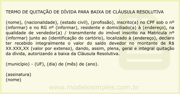 Modelo de Termo de Quitação de Dívida para Baixa de Cláusula Resolutiva