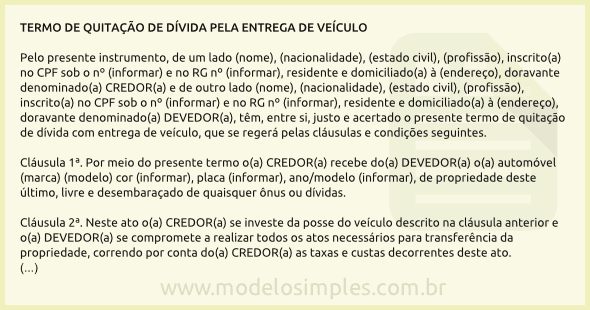 Modelo de Termo de Quitação de Dívida pela Entrega de um Veículo