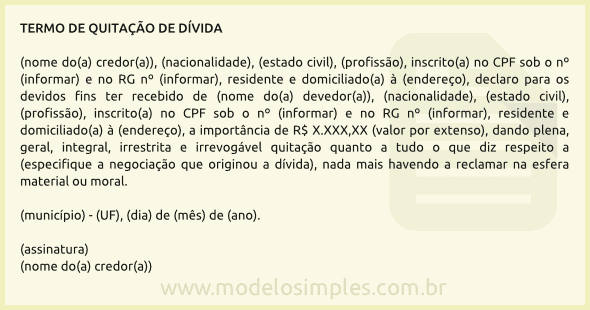 Modelo de Termo de Quitação de Dívida