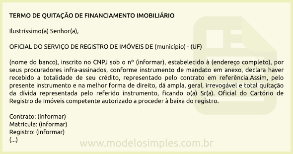 Modelo de Termo de Quitação de Financiamento Imobiliário