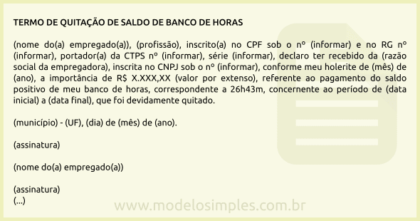 Modelo de Termo de Quitação de Saldo de Banco de Horas