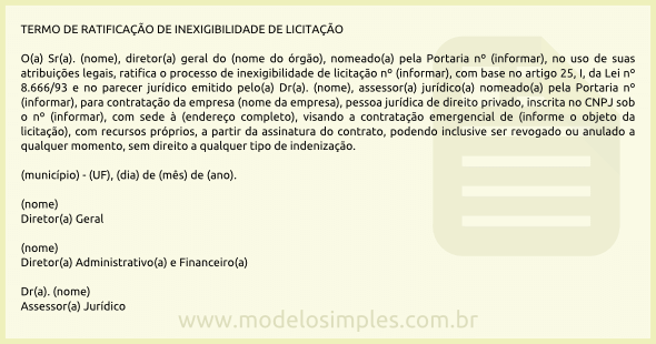 Modelo de Termo de Ratificação de Inexigibilidade de Licitação