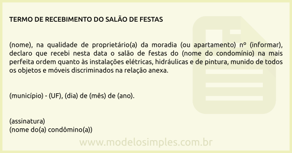 Modelo de Termo de Recebimento do Salão de Festas