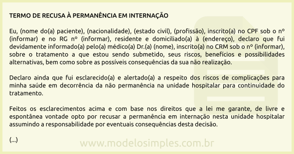 Modelo de Termo de Recusa à Permanência em Internação