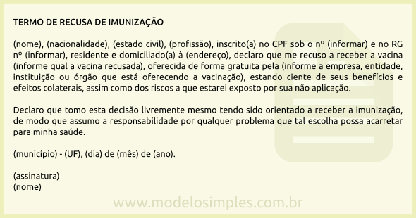 Modelo de Termo de Recusa de Imunização