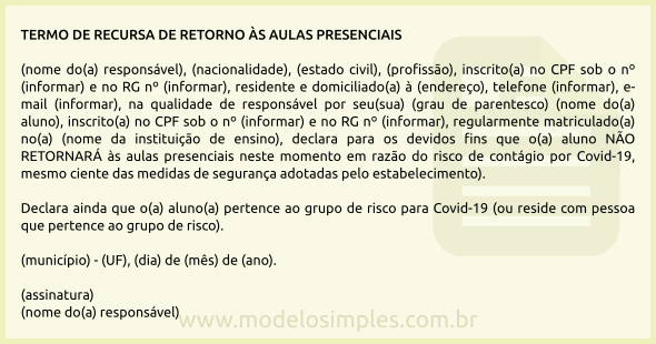 Modelo de Termo de Recusa de Retorno às Aulas Presenciais