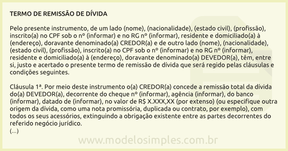 Modelo de Termo de Remissão de Dívida