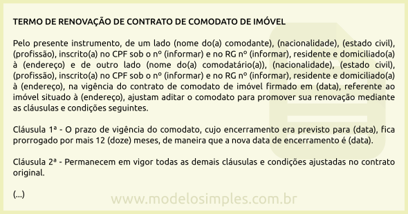 Modelo de Termo de Renovação de Contrato de Comodato