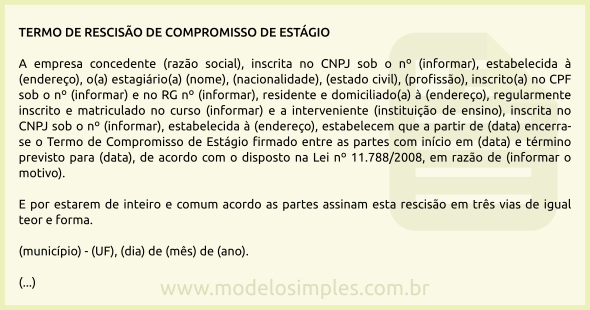 Modelo de Termo de Rescisão de Compromisso de Estágio