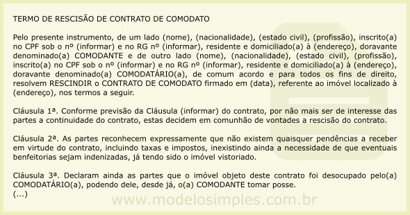 Modelo de Termo de Rescisão de Contrato de Comodato