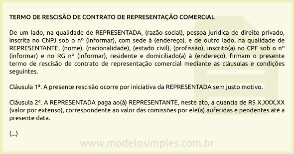 Modelo de Termo de Rescisão de Contrato de Representação Comercial