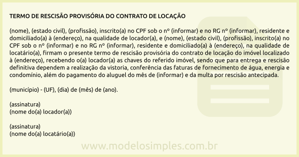 Modelo de Termo de Rescisão Provisória do Contrato de Locação