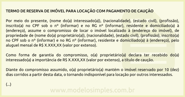 Modelo de Termo de Reserva de Imóvel para Locação com Pagamento de Caução