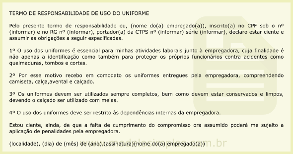 Modelo de Termo de Responsabilidade de Uso do Uniforme