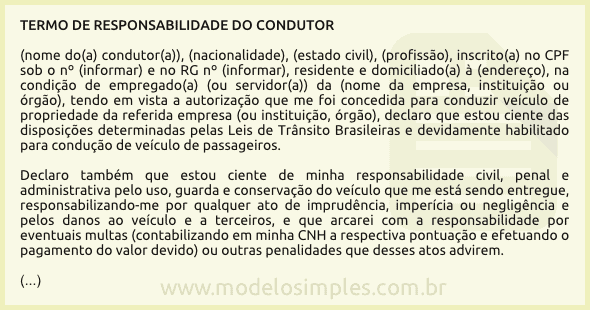 Modelo de Termo de Responsabilidade do Condutor