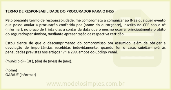 Modelo de Termo de Responsabilidade do Procurador para o INSS