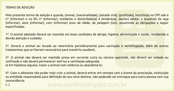 Modelo de Termo de Responsabilidade para Adoção de Animal