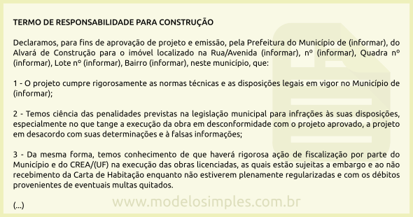 Modelo de Termo de Responsabilidade para Construção