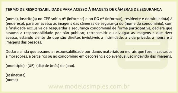 Modelo de Termo de Responsabilidade para Imagens das Câmeras de Segurança