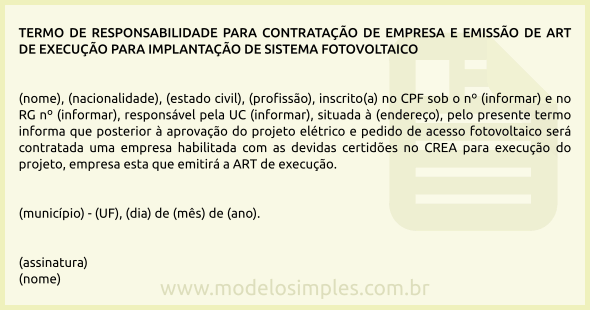 Modelo de Termo de Responsabilidade para Implantação de Sistema Fotovoltaico