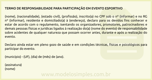 Modelo de Termo de Responsabilidade para Participação em Evento Esportivo