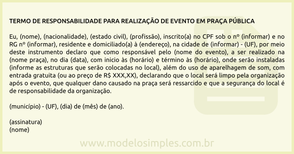 Modelo de Termo de Responsabilidade para Realização de Evento em Praça Pública