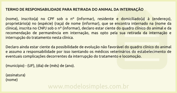Modelo de Termo de Responsabilidade para Retirada de Animal da Internação