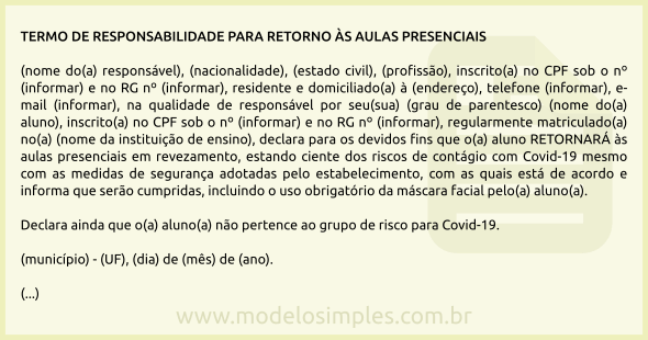 Modelo de Termo de Responsabilidade para Retorno às Aulas Presenciais