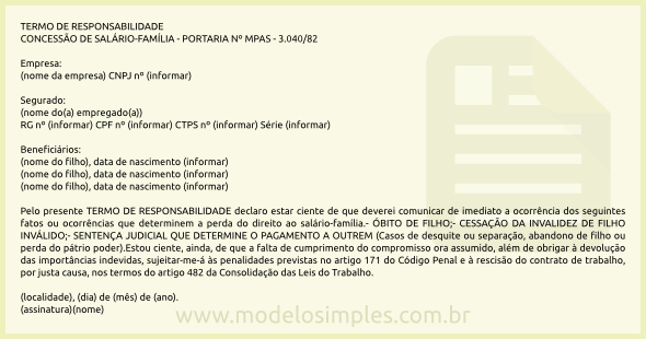 Modelo de Termo de Responsabilidade para Salário Família