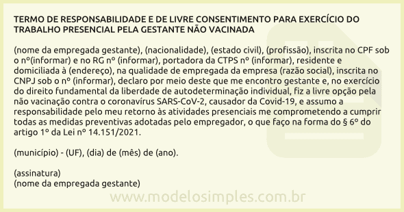 Modelo de Termo de Responsabilidade para Trabalho Presencial da Gestante não Vacinada