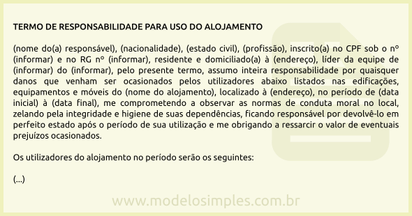 Modelo de Termo de Responsabilidade para Uso de Alojamento